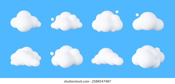 3D Cartoon Clouds. Soft, Puffy Cumulus Shapes in a Playful Style. White, Rounded, and Fluffy Rendered Elements, Perfect for Weather Icons, Cloudscapes, and Cute Meteorology Graphics.