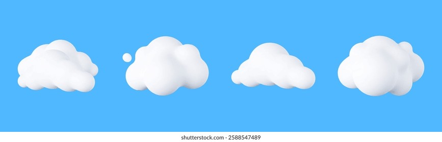 3D Cartoon Clouds. Soft, Puffy Cumulus Shapes in a Playful Style. White, Rounded, and Fluffy Rendered Elements, Perfect for Weather Icons, Cloudscapes, and Cute Meteorology Graphics.