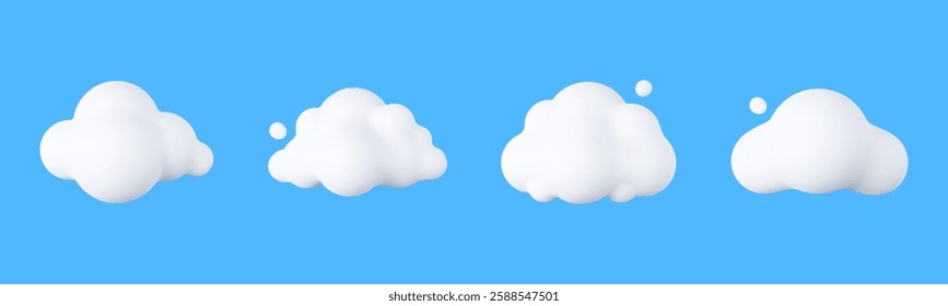 3D Cartoon Clouds. Soft, Puffy Cumulus Shapes in a Playful Style. White, Rounded, and Fluffy Rendered Elements, Perfect for Weather Icons, Cloudscapes, and Cute Meteorology Graphics.