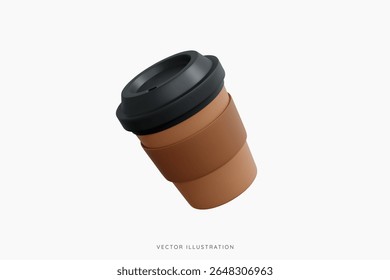 3D Cartoon Coffee Paper Cup with Lid. Disposable coffee to go. Plastic cup with hot drinks. Take away espresso or latte. Cartoon design icon isolated on white background. 3D Vector illustration