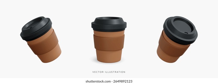 3D Cartoon Coffee Paper Cup with Lid. Disposable coffee to go. Plastic cup with hot drinks. Take away espresso or latte. Cartoon design icon set isolated on white background. 3D Vector illustration