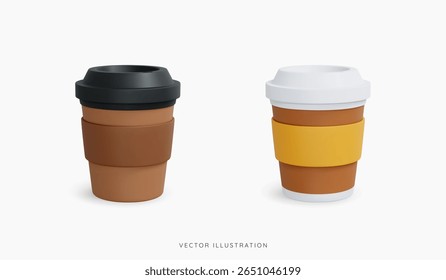 3D Cartoon Coffee Paper Cup with Lid. Disposable coffee to go. Plastic cup with hot drinks. Take away espresso or latte. Cartoon design icon set isolated on white background. 3D Vector illustration