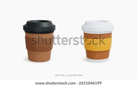 3D Cartoon Coffee Paper Cup with Lid. Disposable coffee to go. Plastic cup with hot drinks. Take away espresso or latte. Cartoon design icon set isolated on white background. 3D Vector illustration