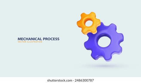 3d cartoon cog wheels vector illustration. Customer support icon. Technical support engineering light background concept. 