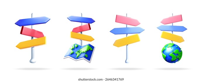 3d cartoon collection of a colorful signpost with blank arrows for text, map and globe. For navigation or travel.