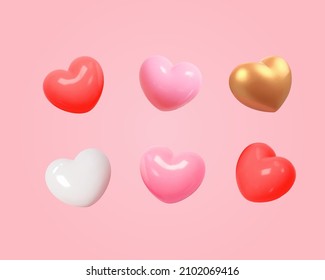 Colección de juguetes en forma de corazón colorido de dibujos animados 3d, aislados en fondo rosa claro. Adecuado para el Día de San Valentín y la decoración del Día de la Madre.