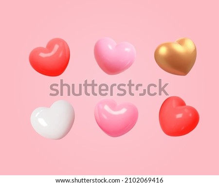 3d cartoon colorful heart shape toy collection, isolated on light pink background. Suitable for Valentine's Day and Mother's Day decoration.