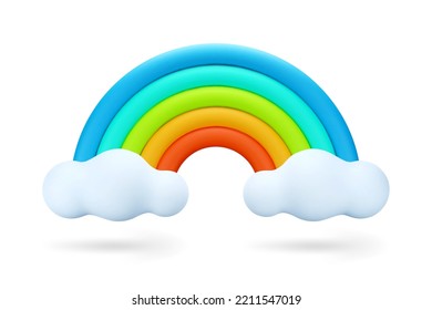 3D Cartoon Colorful Rainbow with Clouds Isolated on White Background. 3D Weather Icon. Vector Illustration of 3d Render in minimal style.