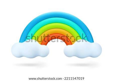 3D Cartoon Colorful Rainbow with Clouds Isolated on White Background. 3D Weather Icon. Vector Illustration of 3d Render in minimal style.