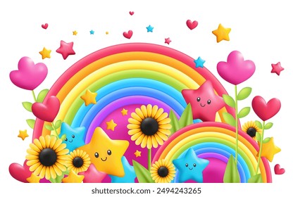 A 3D cartoon colorful rainbow, vibrant flowers and stars balloon. This cute and modern design is perfect for kids, with a springtime feel, ideal for posters and birthday banners. Not AI.