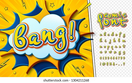 3d cartoon comic font. Kid's alphabet in style of pop art. Multilayer colorful blue-yellow letters on comics book page, speech bubble, burst for decoration of children's illustration, posters, banners