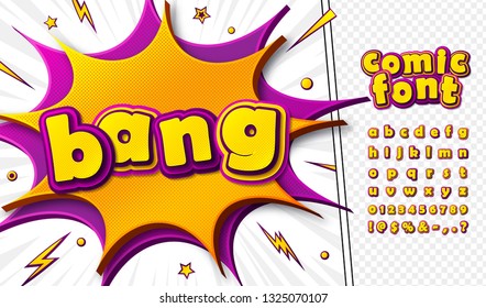 3d cartoon comic font. Kid's alphabet in style of pop art. Multilayer colorful pink-yellow letters on comics book page, speech bubble, burst for decoration of children's illustration, posters, banners