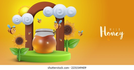 3d cartoon composition with honey jar, bee and sunflowers on green hill in vector realistic style. Funny plasticine or glossy clay design banner. Sweet colorful illustration on minimal background. svg