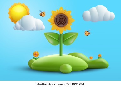 3d cartoon composition with sunflower on green hill in vector realistic funny style. Cute art element. Plasticine or glossy clay design object. Sweet colorful illustration on minimal background. svg