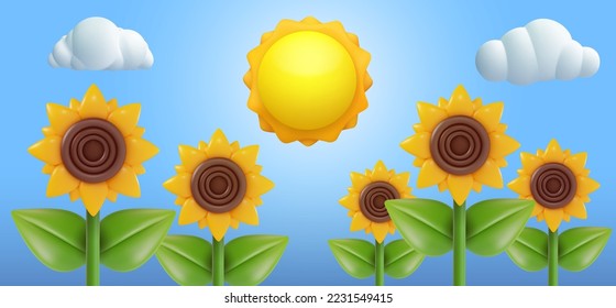 3d cartoon composition with sunflowers and sun in vector realistic funny style. Modern plasticine or glossy clay design concept art. Sweet colorful illustration on minimal background. svg
