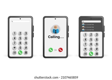 3D cartoon contact dial, number button typing touch screen smartphone design with white color background. Vector illustration