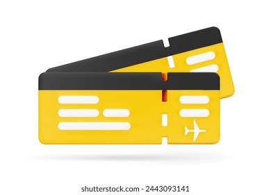 3D cartoon couple of airplane tickets isolated on white background. Booking service, travel by plane, trip or tourism concept. Vector illustration of 3d render.