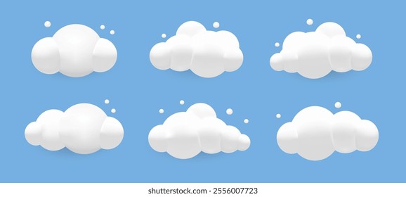 3D Cartoon Cumulus Clouds: Cute Fluffy and Geometric Cloud Shapes with Cloudscape - Vector Illustration