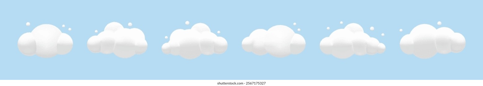 3D Cartoon Cumulus Clouds: Cute Fluffy and Geometric Cloud Shapes with Cloudscape - Vector Illustration