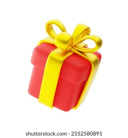 3d cartoon cute bright red gift box wrapped with shiny golden ribbon, tied in neat bow on white backdrop. Element for special give away, Christmas, holiday, birthday. 3d render vector illustration.