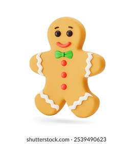 3d cartoon cute cheerful Christmas gingerbread man with green bow tie, red buttons and icing details isolated on white background. Traditional Xmas cookie. For Christmas card. 3d Vector illustration.