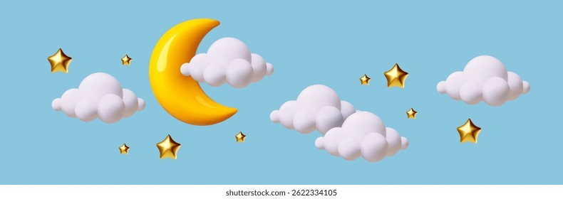 3D cartoon cute crescent moon with clouds and stars background. Soft night sky. Render style