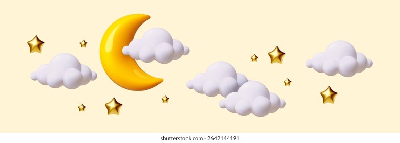3D cartoon cute crescent moon with clouds and stars background. Soft night sky. Render style