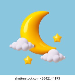 3D cartoon cute crescent moon with clouds and stars background. Soft night sky. Render style