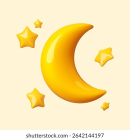 3D cartoon cute crescent moon and stars icon. Render style