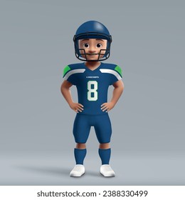 3d cartoon cute young american football player in Seattle Seahawks uniform. Football team jersey