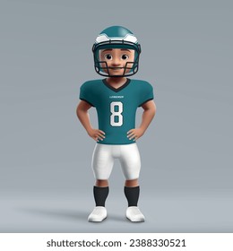 3d cartoon cute young american football player in Philadelphia Eagles uniform. Football team jersey