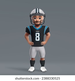 3d cartoon cute young american football player in Carolina Panthers uniform. Football team jersey