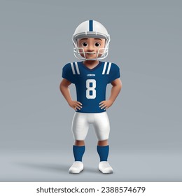 3d cartoon cute young american football player in Indianapolis Colts uniform. Football team jersey