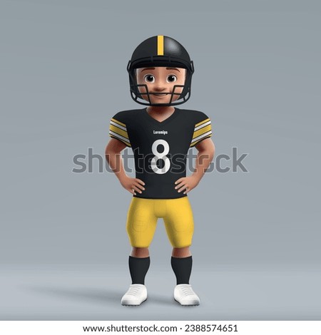 3d cartoon cute young american football player in Pittsburgh Steelers uniform. Football team jersey