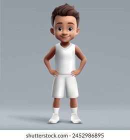 3d cartoon cute young basketball player in blank white kit. Mockup of football team jersey