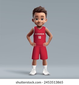 3d cartoon cute young basketball player in Canada national team kit.