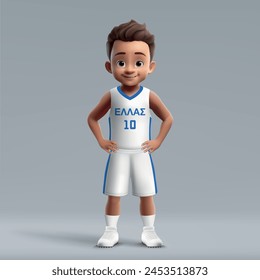 3d cartoon cute young basketball player in Greece national team kit.