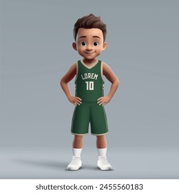 3d cartoon cute young basketball player in professional american team kit.