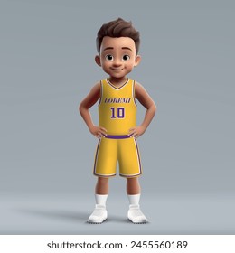 3d cartoon cute young basketball player in professional american team kit.