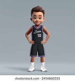 3d cartoon cute young basketball player in team kit.