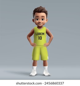 3d cartoon cute young basketball player in team kit.