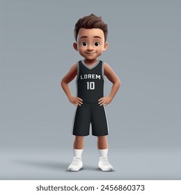 3d cartoon cute young basketball player in team kit.