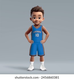 3d cartoon cute young basketball player in team kit.