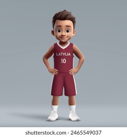 3d cartoon cute young basketball player in Latvia national team kit.