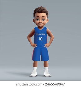 3d cartoon cute young basketball player in Dominican Republic national team kit.