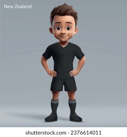 3d cartoon cute young rugby player in New Zealand national team kit. Rugby team jersey