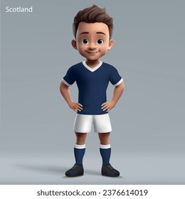 3d cartoon cute young rugby player in Scotland national team kit. Rugby team jersey