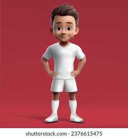 3d cartoon cute young rugby player in blank white kit. Mockup of rugby team jersey