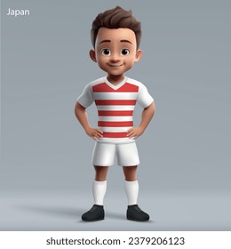 3d cartoon cute young rugby player in Japan national team kit. Rugby team jersey