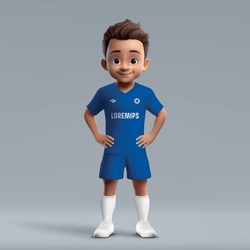 3d Cartoon Cute Young Soccer Player In Chelsea Style Uniform. Football Team Jersey